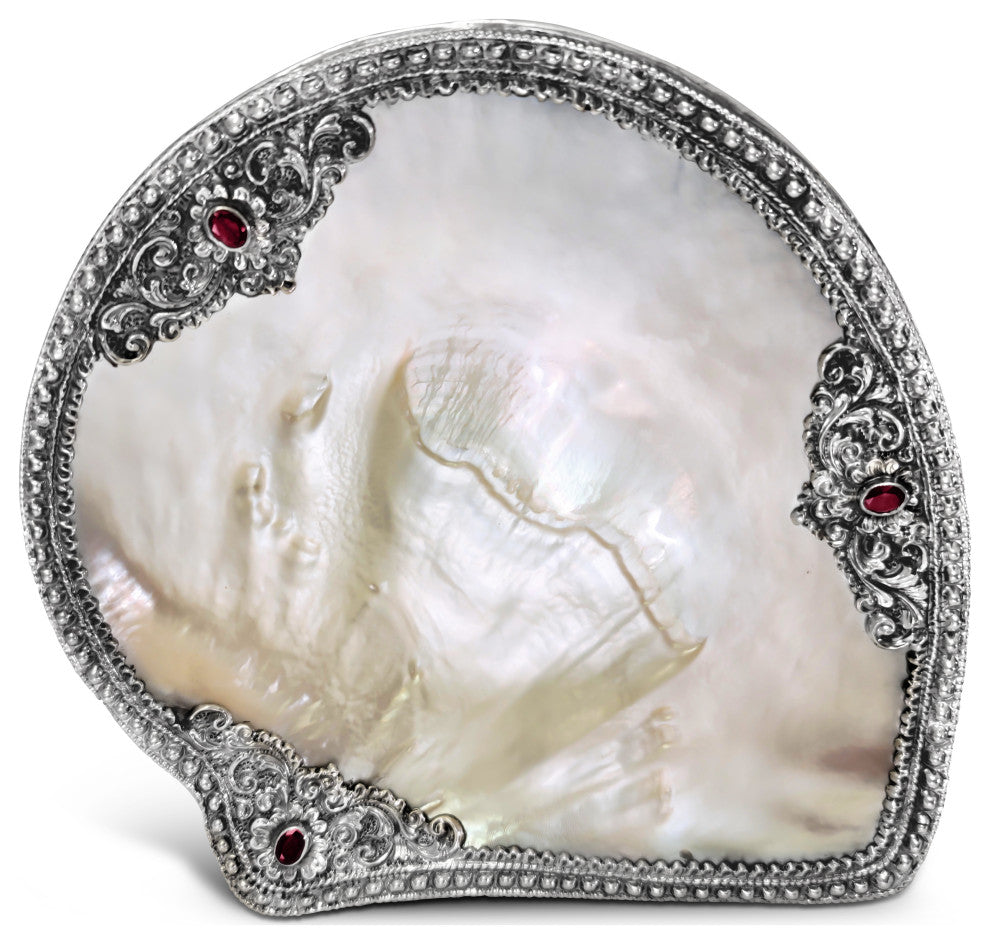 Floral Carving on South Sea Pearl Shell with Repose' Silver and facetted Garnet