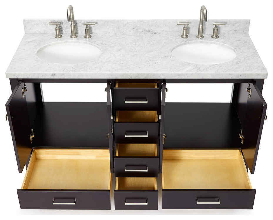 ARIEL Cambridge 61" Double Oval Sink Bathroom Vanity Espresso With Marble Top