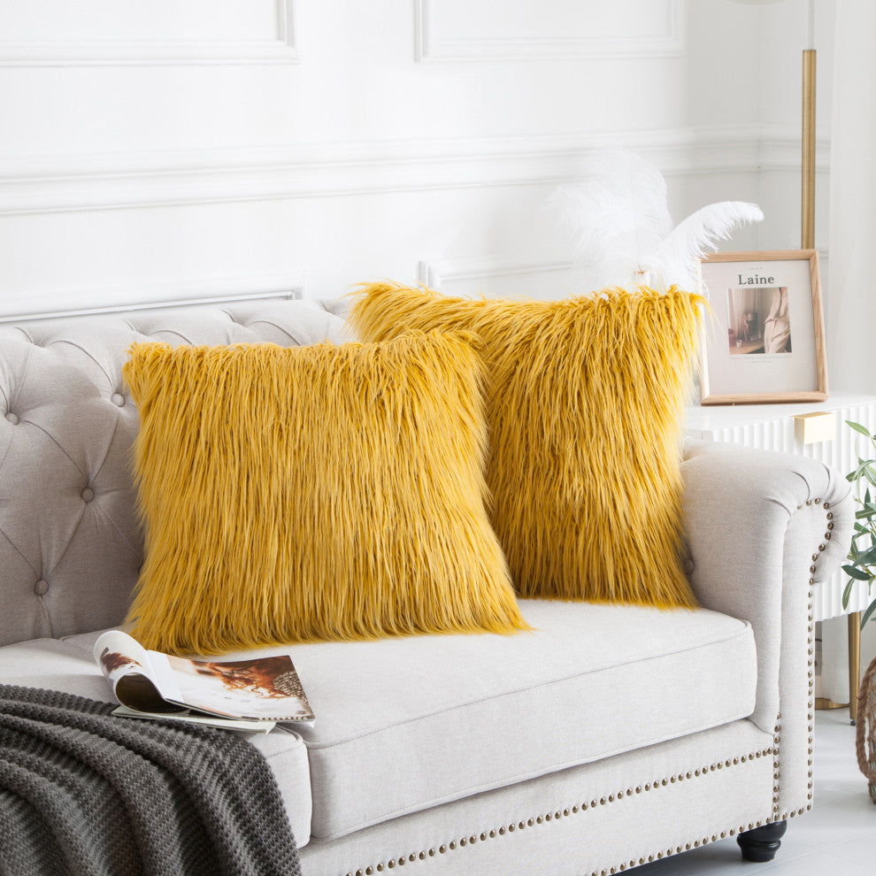 Mongolian Faux Fur Pillow Shell Set, Lemon Curry, 20"x20"
