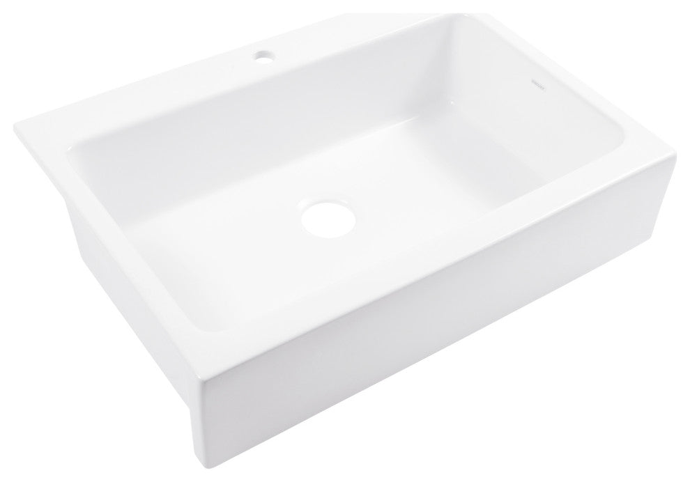 Parker White Fireclay 34" Single Bowl Quick-Fit Drop-In Kitchen Sink, 1 Hole