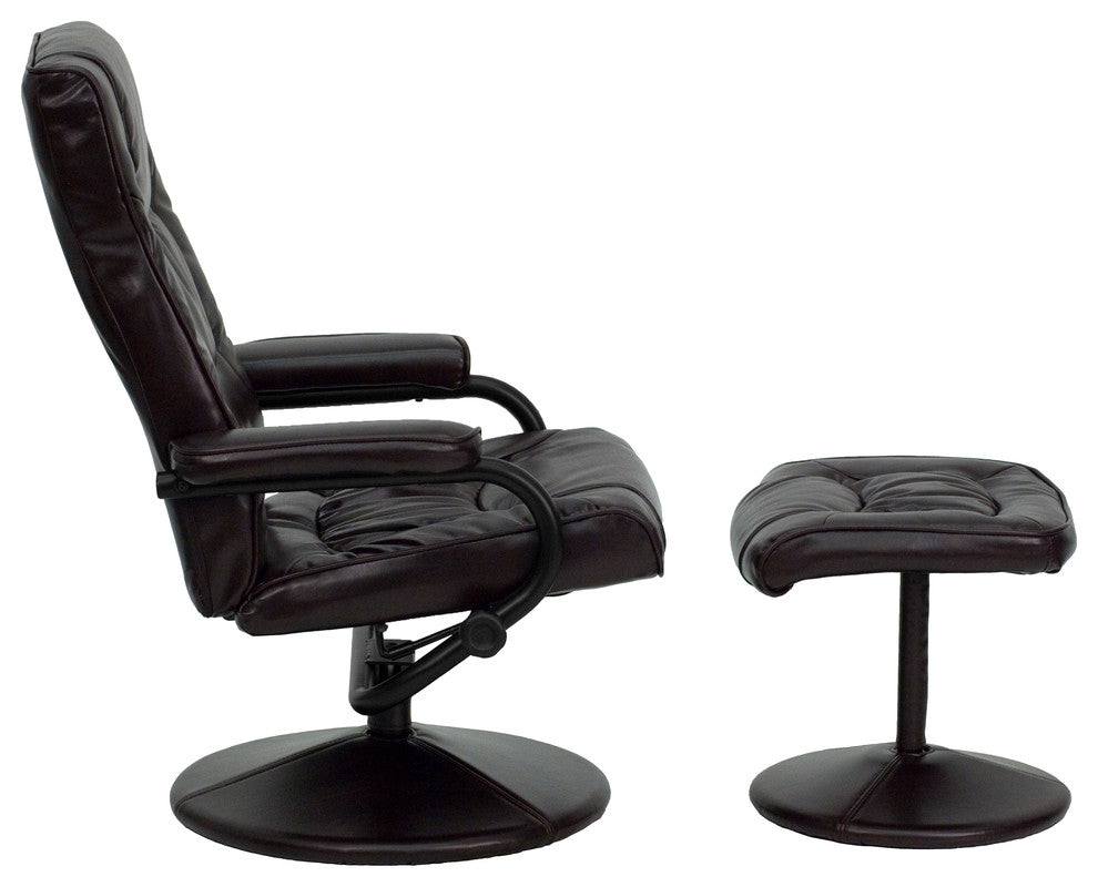 Multi-Position Recliner and Ottoman with Wrapped Base in Brown LeatherSoft