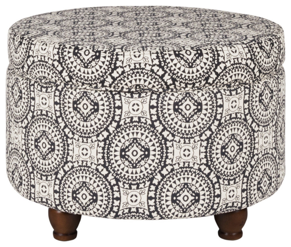 Benzara BM194943 Fabric Upholstered Ottoman With Wooden Bun Feet, Cream/Black