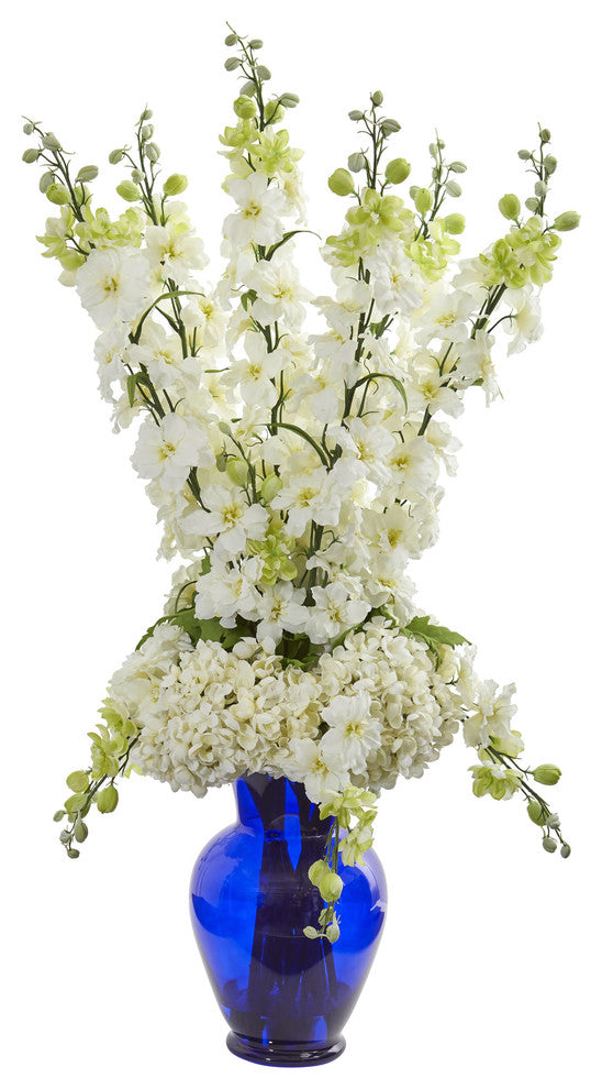 Nearly Natural Delphinium & Hydrangea Artificial Arrangement in Blue Vase White