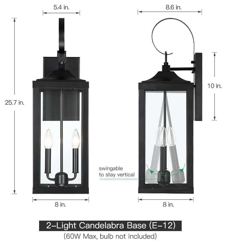 25.7" 2-Light Large Traditional Outdoor Wall Lantern Sconce, Matte Black