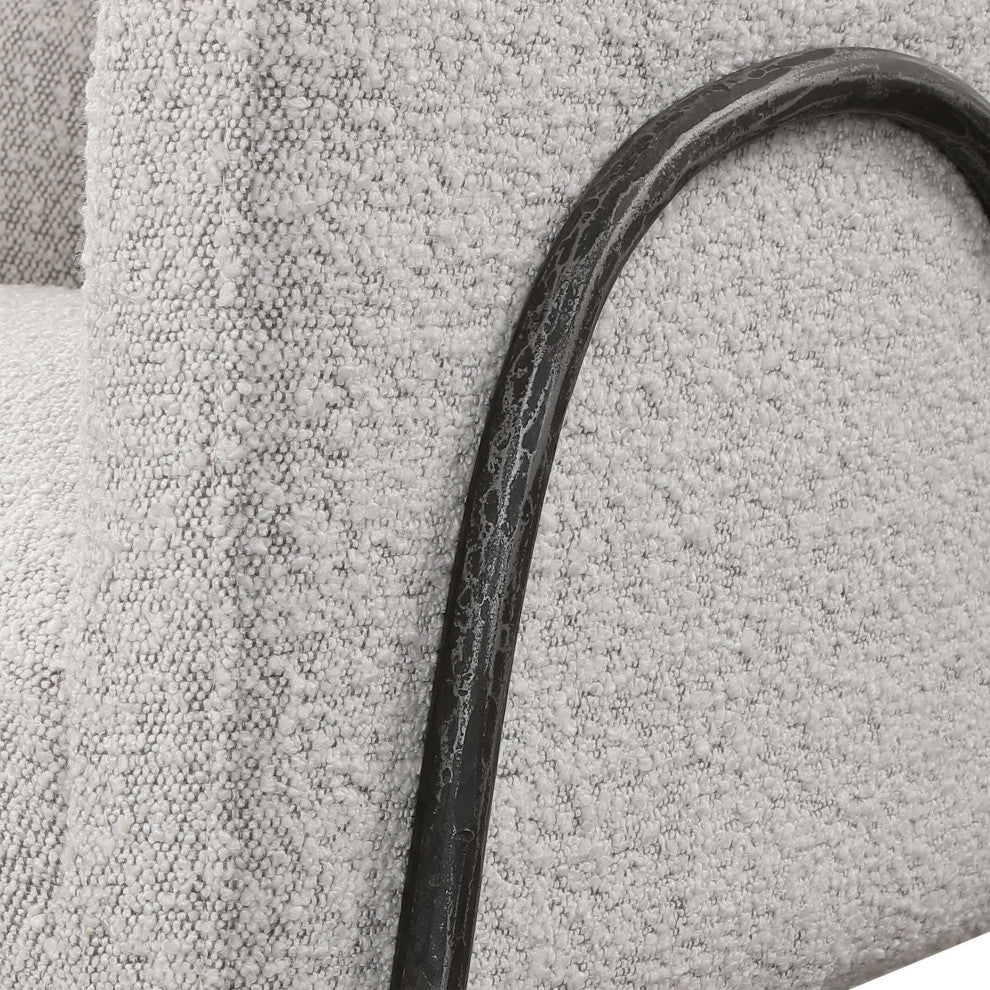 Retro Modern Gray Barrel Back Accent Chair Iron Frame Textured Fabric Scandi