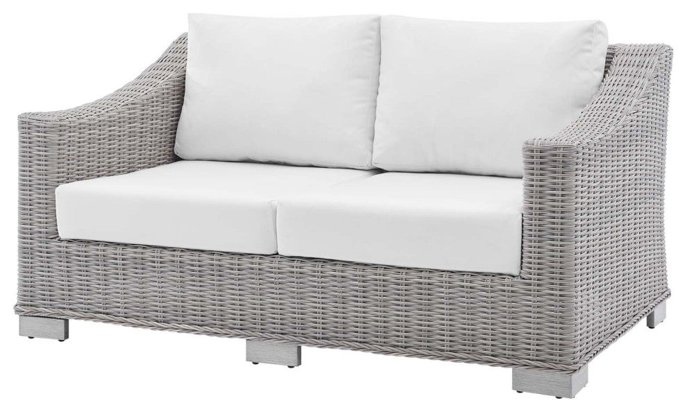 Lounge Sofa Chair Table Set, Rattan, Wicker, Gray White, Modern, Outdoor