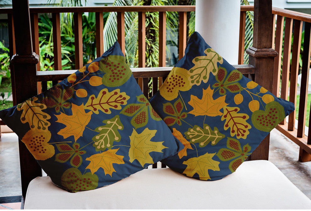 18" x 18" Fall Leaves Indoor/Outdoor Polyester Throw Pillow, Blue