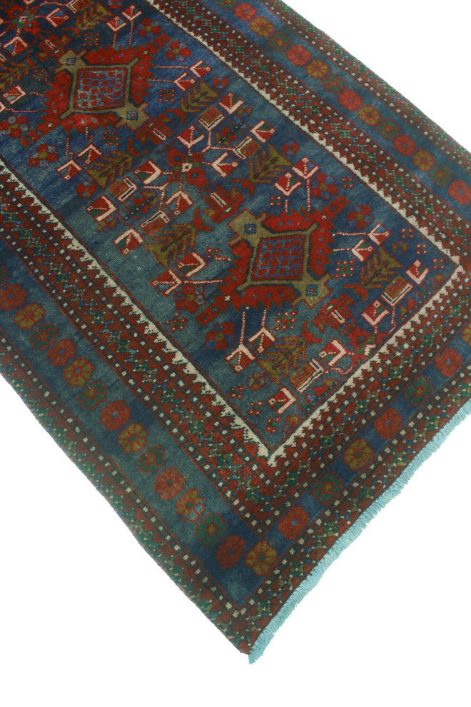 Semi-Antique Collin Navy/Red Runner, 3'4x10'5