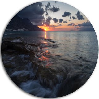 Dark Mediterranean Beach Dawn, Modern Seashore Disc Metal Wall Art, 23"