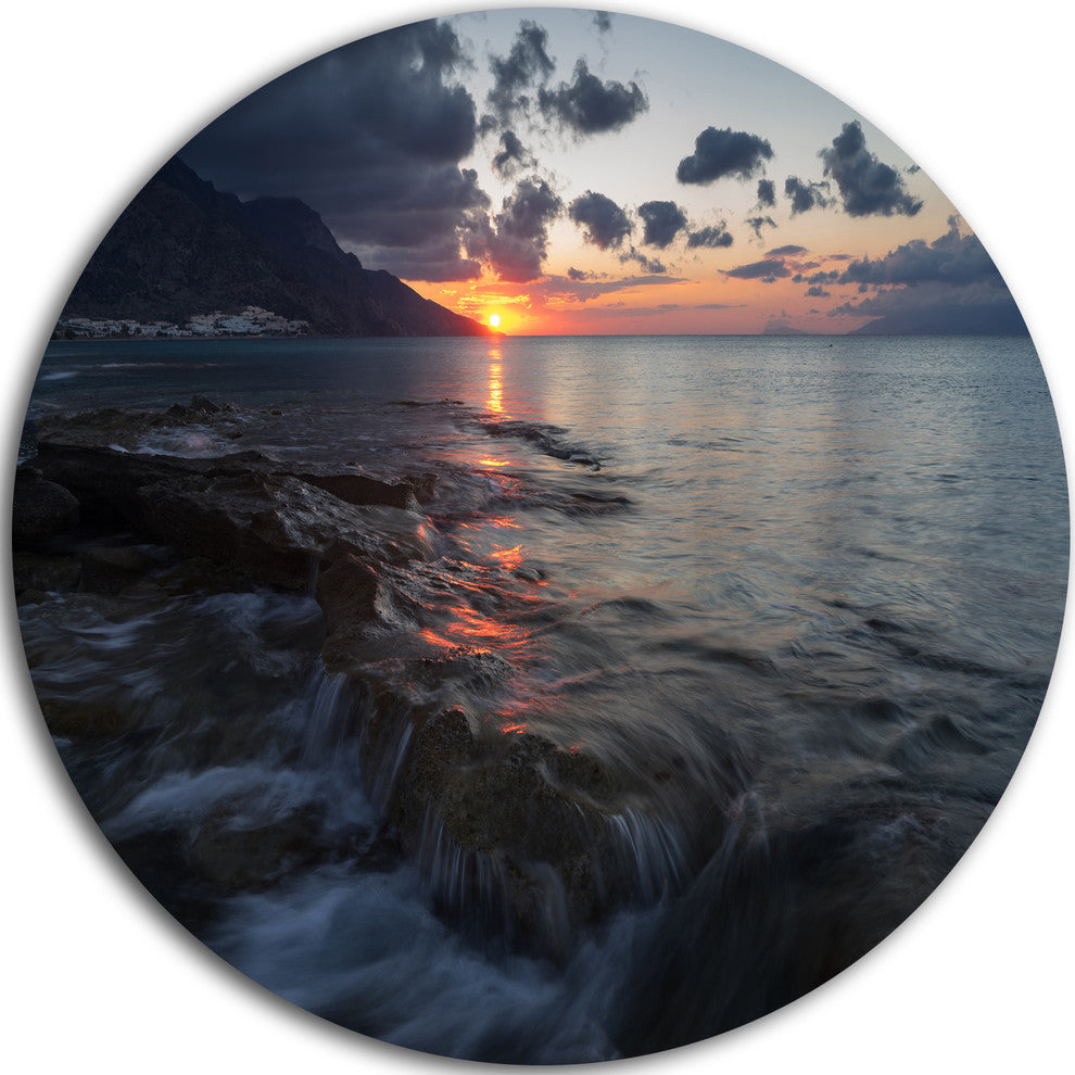 Dark Mediterranean Beach Dawn, Modern Seashore Disc Metal Wall Art, 23"