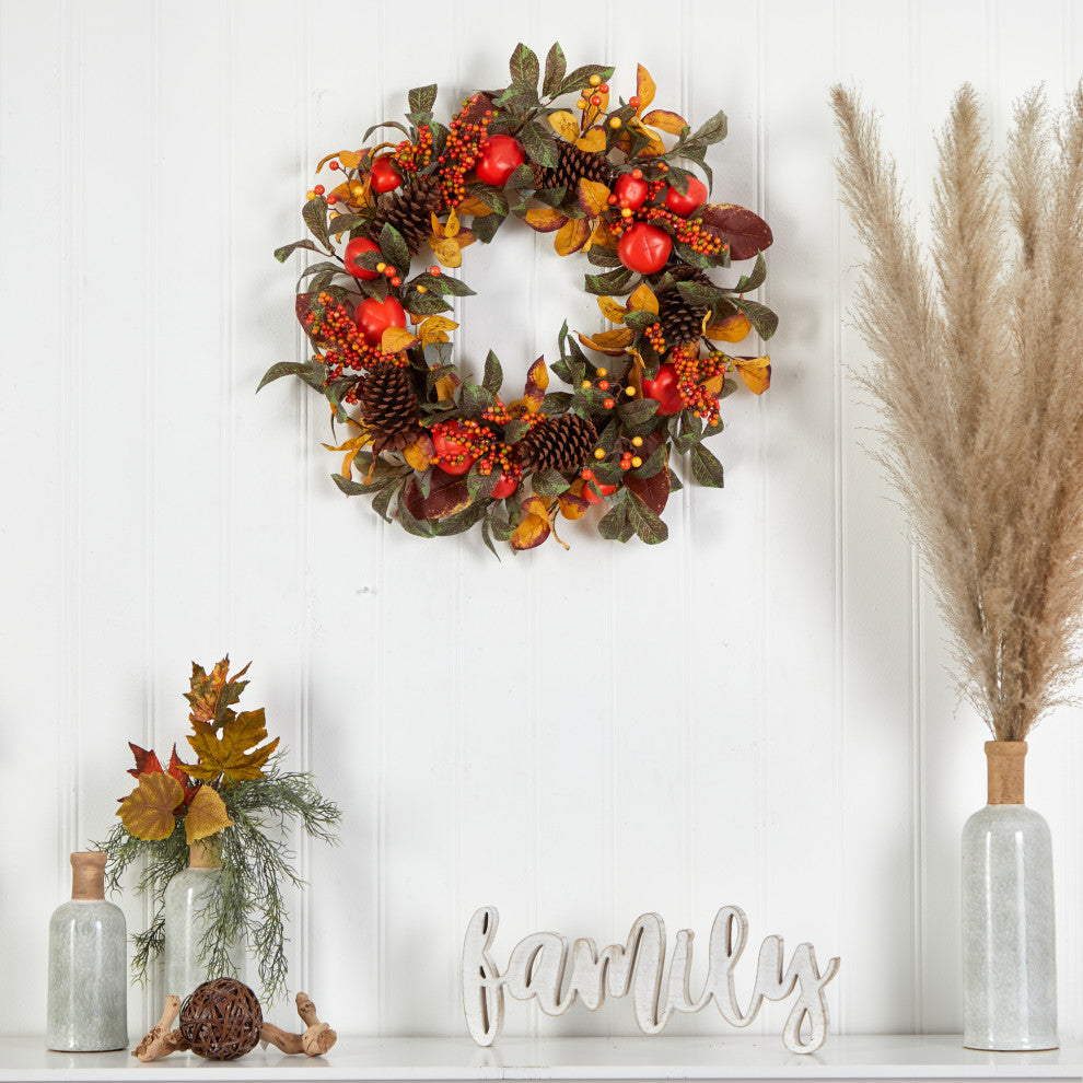 Nearly Natural W1181 26 Autumn Persimmon and Pinecones Artificial Fall Wreath