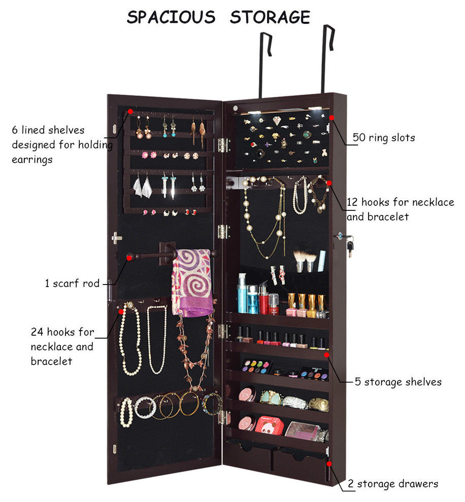 Costway Lockable Wall Mount Mirrored Jewelry Cabinet Organizer w/ LED Lights