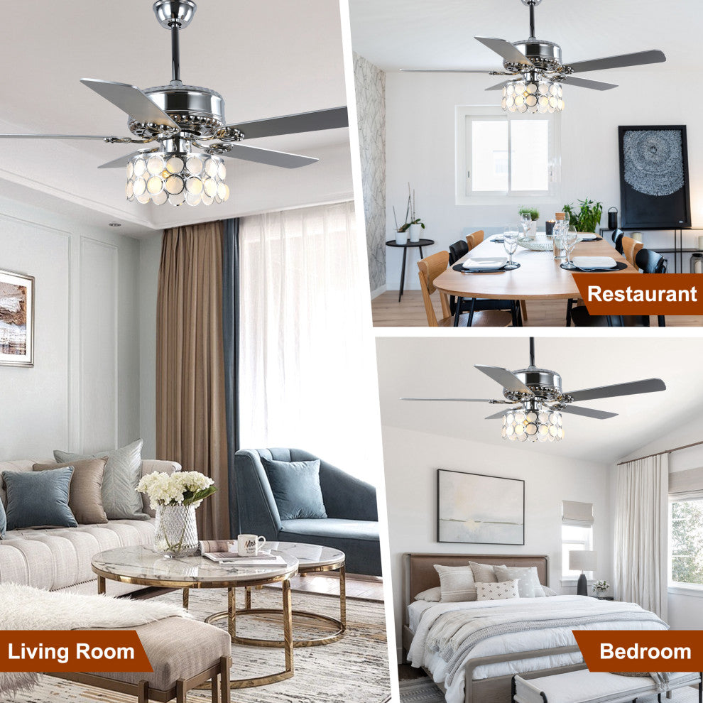 CurveCurio 52" Large Chrome Seashell Shade Ceiling Fan w 3 Light Quiet DC Motor