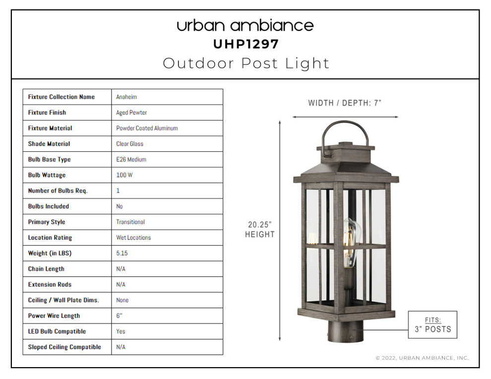 Luxury Transitional Post Light, Aged Pewter