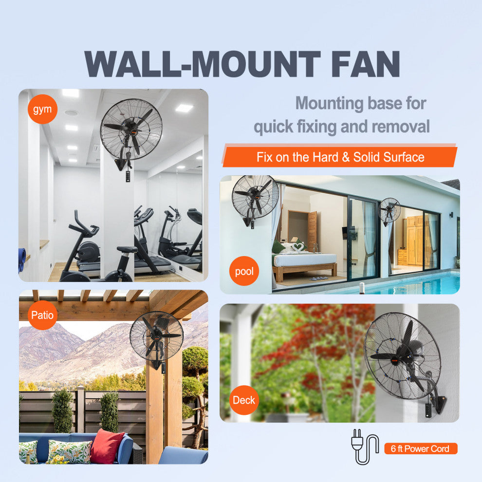 VEVOR Industrial Wall Mount Fan Oscillating Metal Fan 3 Speed, 30"œ Waterproof