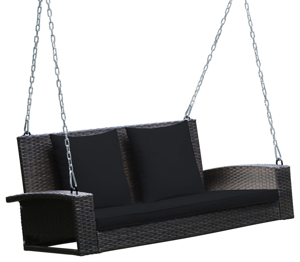Costway 2-Person Patio Rattan Hanging Porch Swing Bench Chair Cushion Black