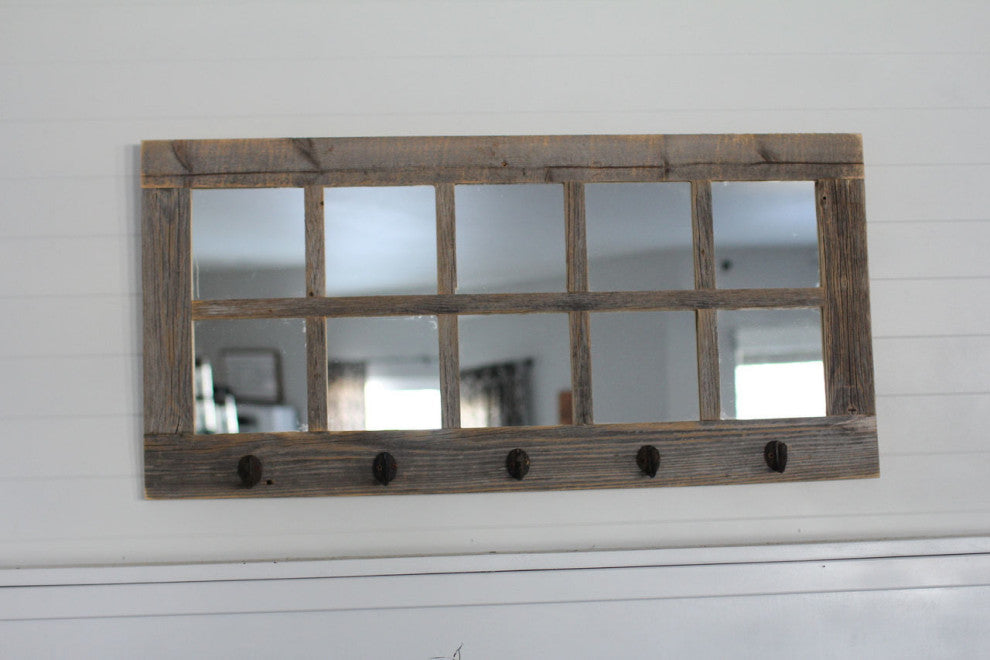Windowpane Mirror With Coat Hangers, 10 Pane, Barnwood