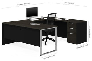 Pemberly Row U Desk with 4 Door Hutch in Deep Gray and Black