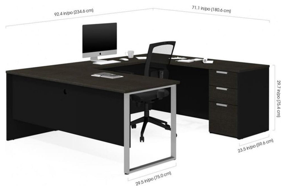 Pemberly Row U Desk with 4 Door Hutch in Deep Gray and Black