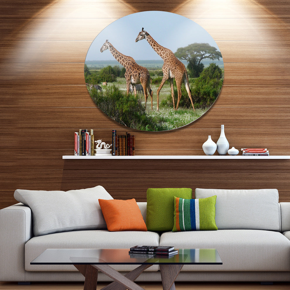 Two Giraffes In African Savannah, African Round Wall Art, 23"