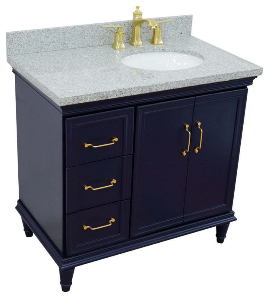 37" Single Vanity, Blue Finish With Gray Granite