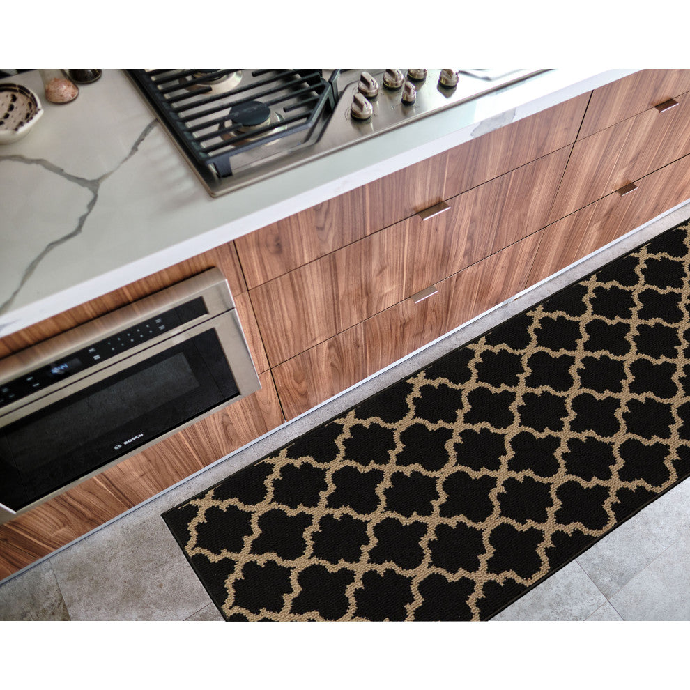 Wool Effect Arabesque, Black/Tan, Kitchen Runner Rug