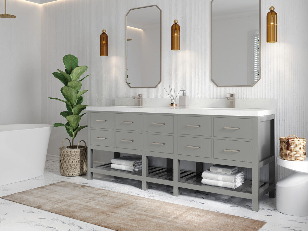 Parker 84 Double Sink Bath Vanity in Elephant Skin Gray 1.5" Calacatta Laza