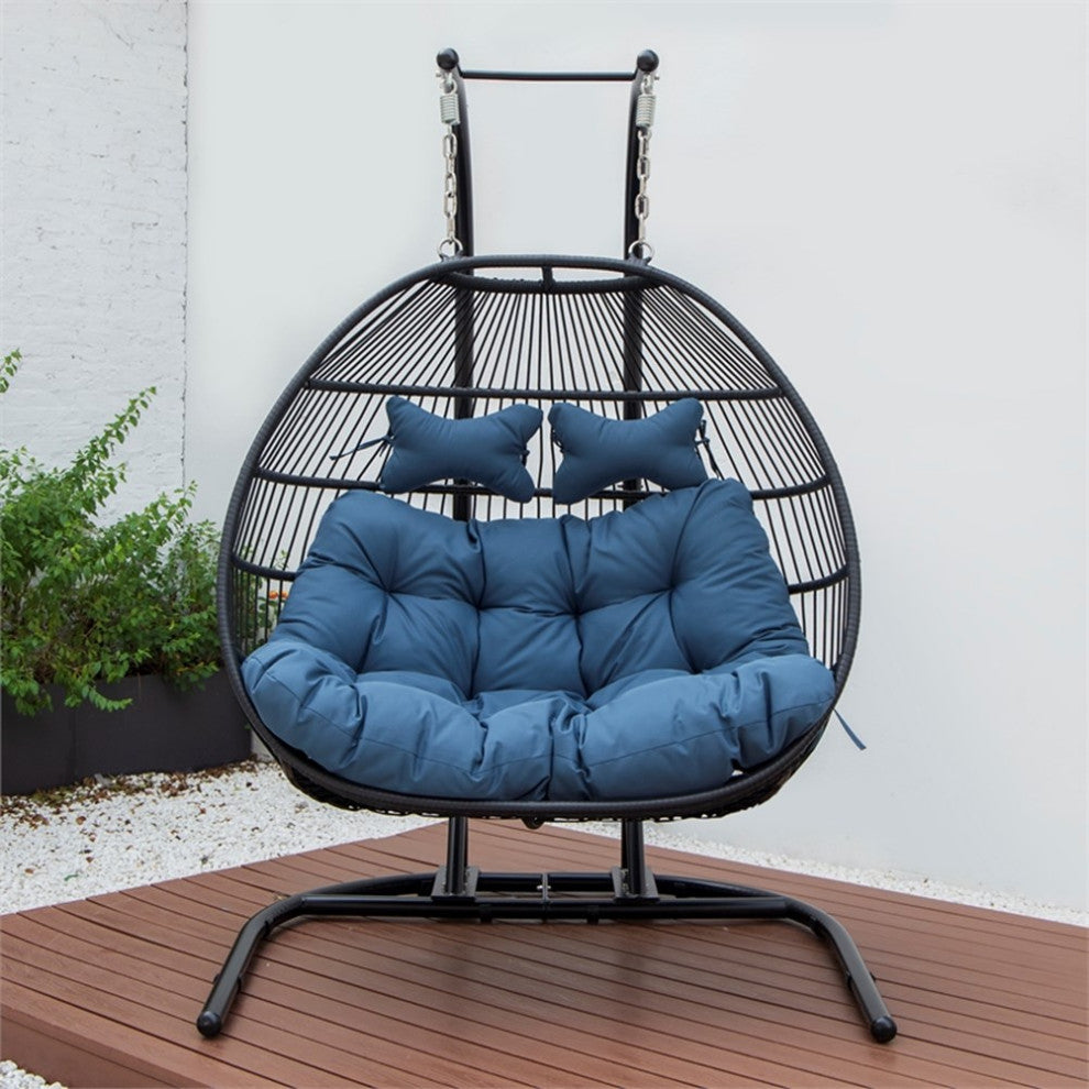 LeisureMod Wicker 2 Person Double Folding Hanging Egg Swing Chair in Navy Blue