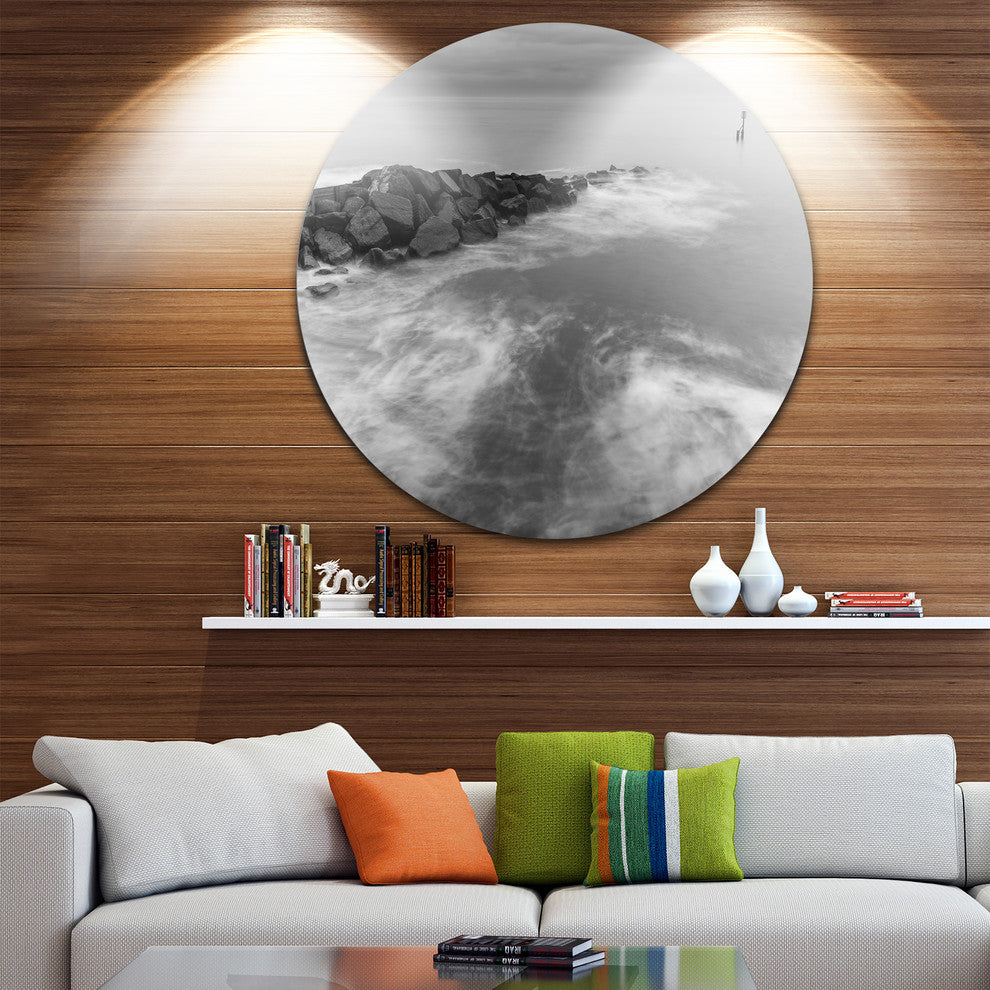 Milky Waves Splashing Over Rocks, Seascape Disc Metal Artwork, 11"