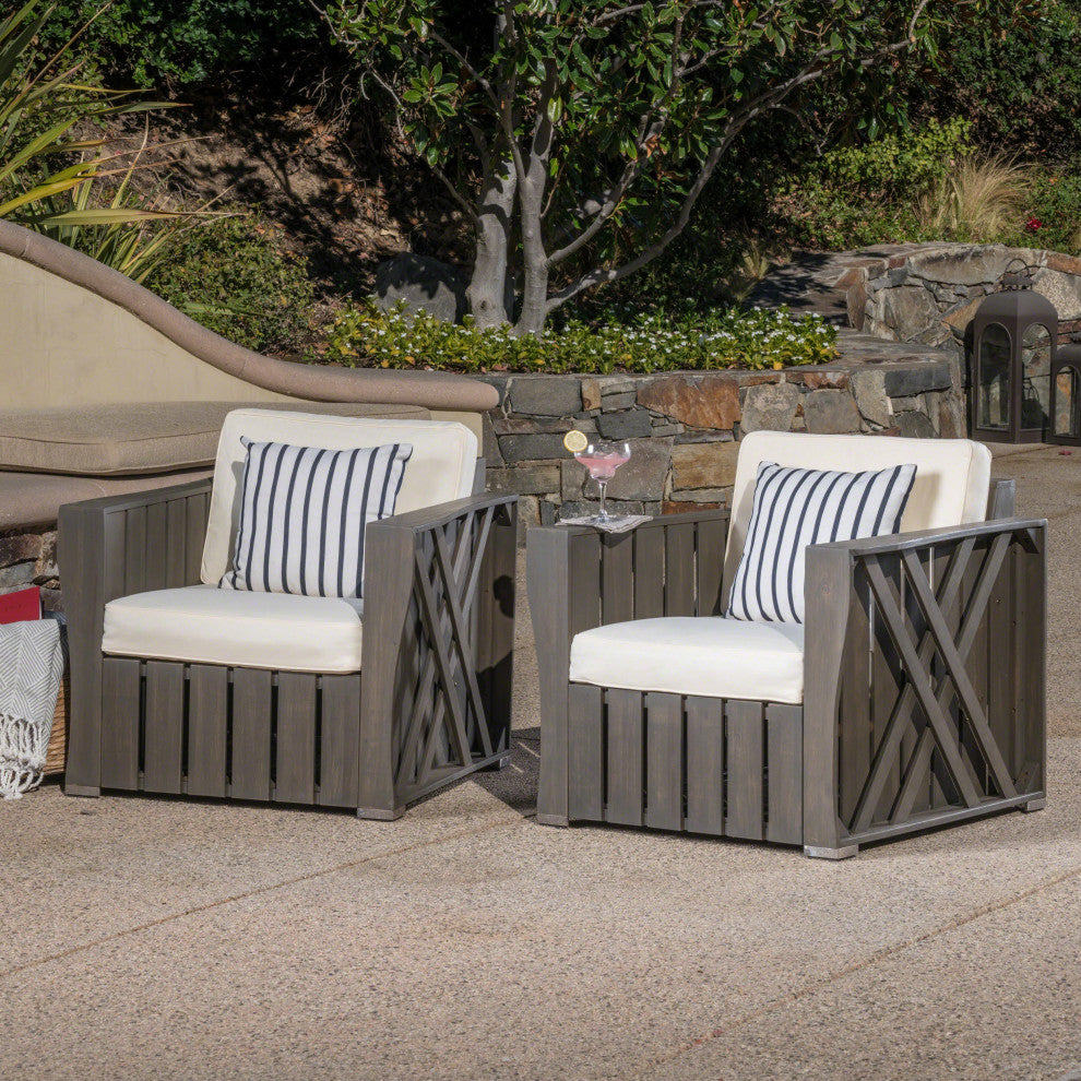 GDF Studio Edward Outdoor Acacia Wood Club Chairs With Cushions, Set of 2, Gray/Cream