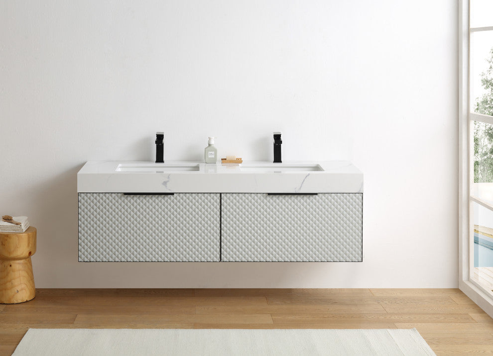 Manarola with Thick Quartz Wall Mount Vanity, Silver Gray, 72"