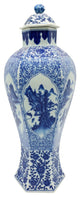 Blue and White Hexagonal Landscape Porcelain Temple Jar 16"