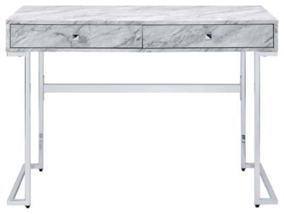White Printed Faux Marble Writing Desk, Chrome Finish