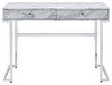 White Printed Faux Marble Writing Desk, Chrome Finish