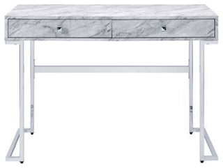 White Printed Faux Marble Writing Desk, Chrome Finish