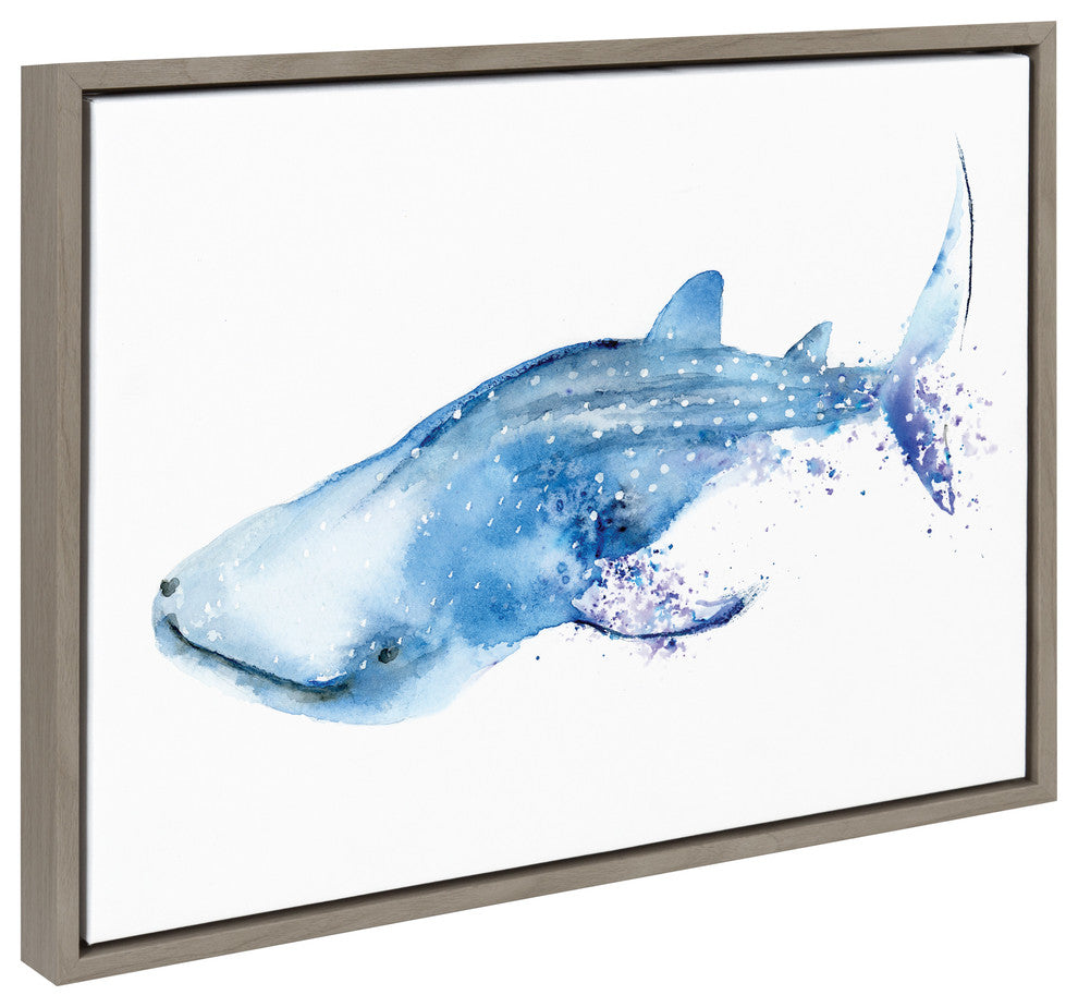 Sylvie Watercolor Swimming Whale Shark Framed Canvas Art, Gray, 18x24