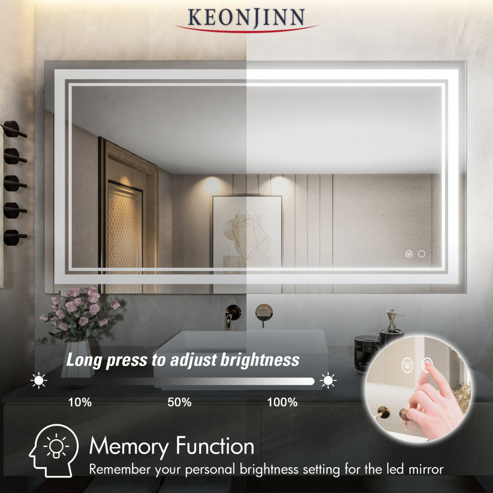 3-Colors LED Bathroom Mirror, Anti-Fog Memory Dimmable, Sliver, 40"x24"