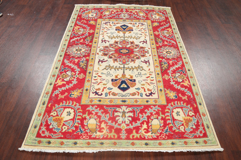 Traditional Super Kazak Bordered Area Rug Oriental Hand-Knotted, Beige, 4 X 6