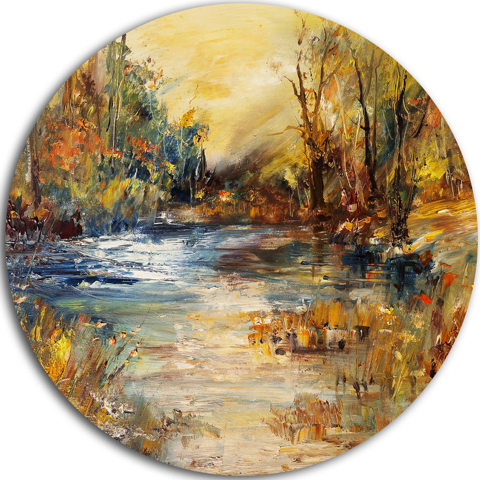 Stream In Forest Oil, Landscape Disc Metal Artwork, 23"