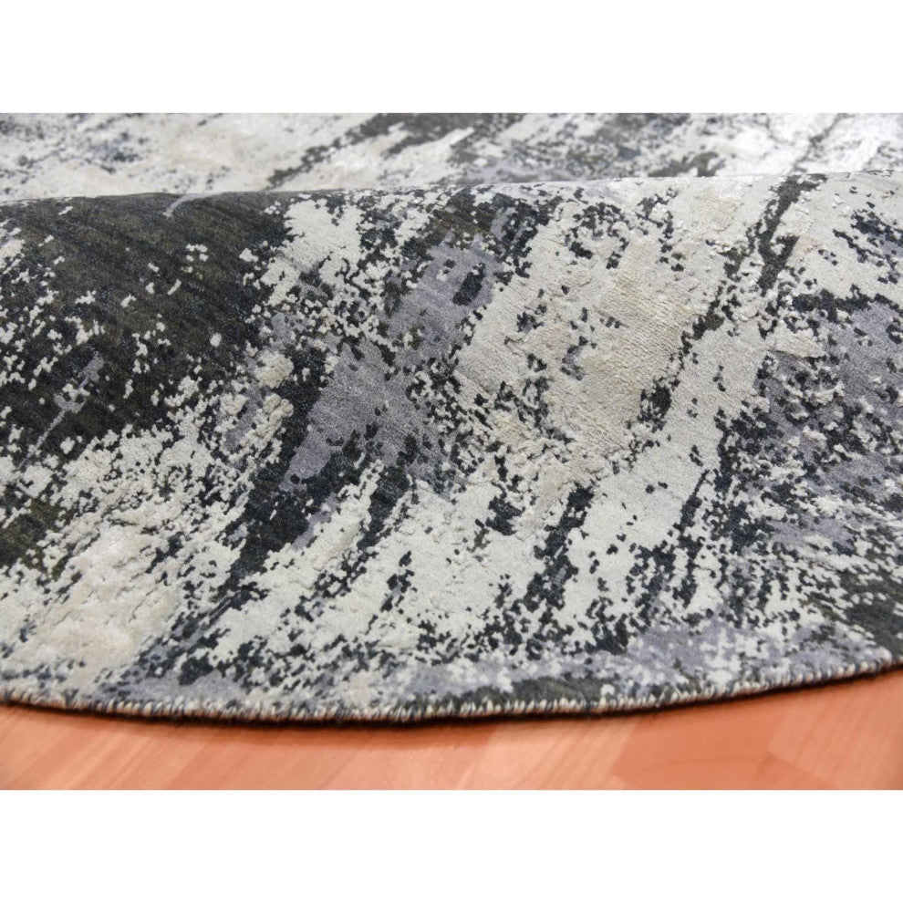 Charcoal Gray Wool and Silk Denser Weave Hand Knotted Round Rug, 8'2"x8'2"