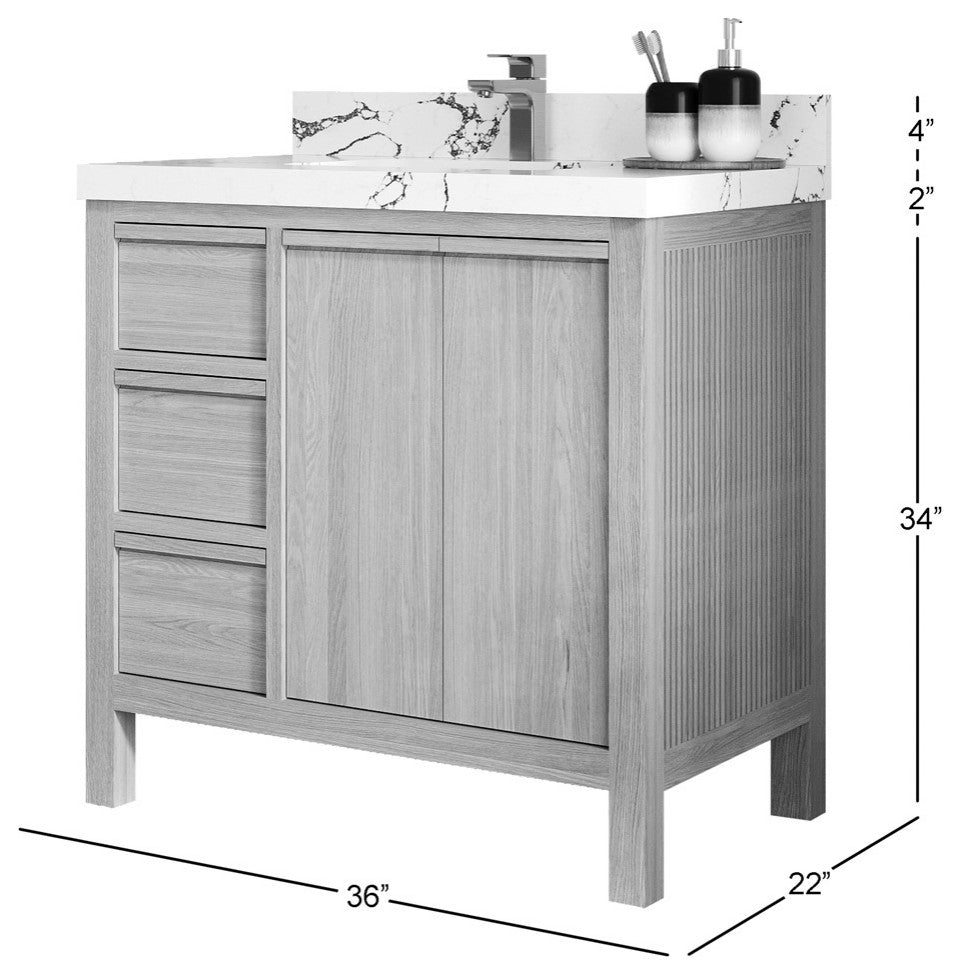Elizabeth Oak 36" Center Sink Vanity, White 2" Venatino Quartz