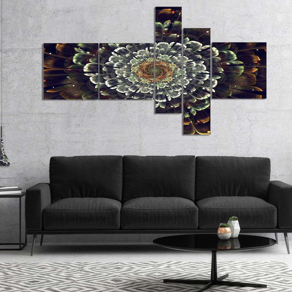 Silver Metallic Fabric Flower, Abstract Print On Canvas, 60"x32", 5 panels