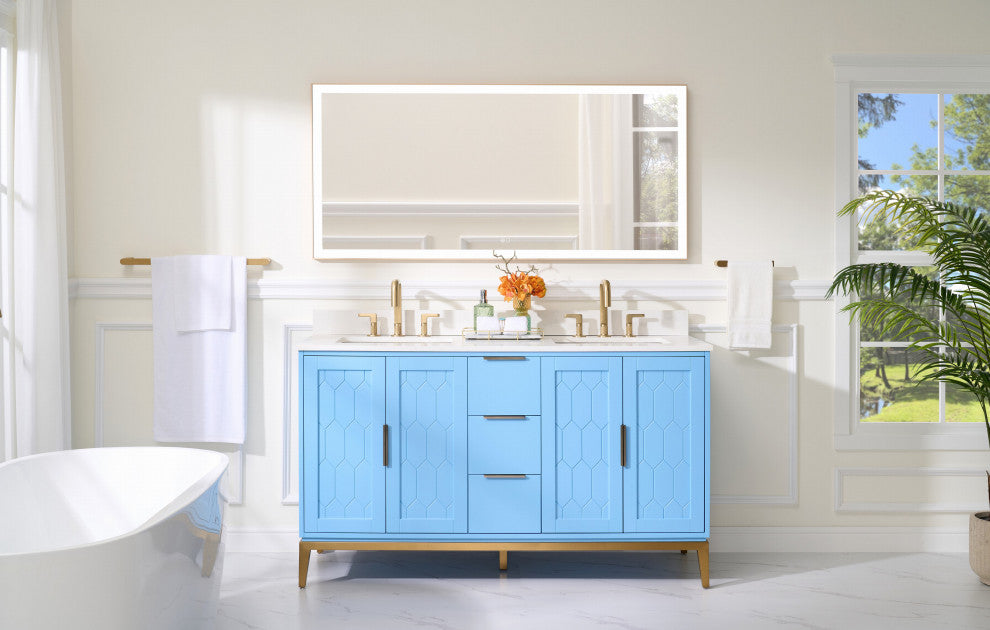 Alison Freestanding Bathroom Vanity with Italian Carrara White Marble Top, Light Blue, 60"