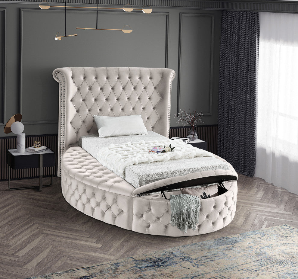 Luxus Button Tufted Velvet Round Bed, Cream, Twin