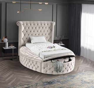 Luxus Button Tufted Velvet Round Bed, Cream, Twin