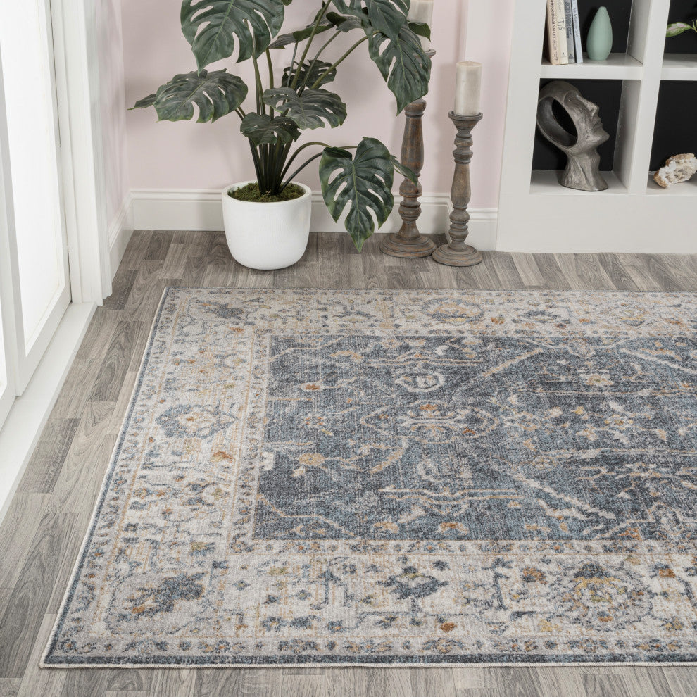Brandy Rustic Border Low-Pile Machine-Washable Rug, Dark Gray/Cream 5x8