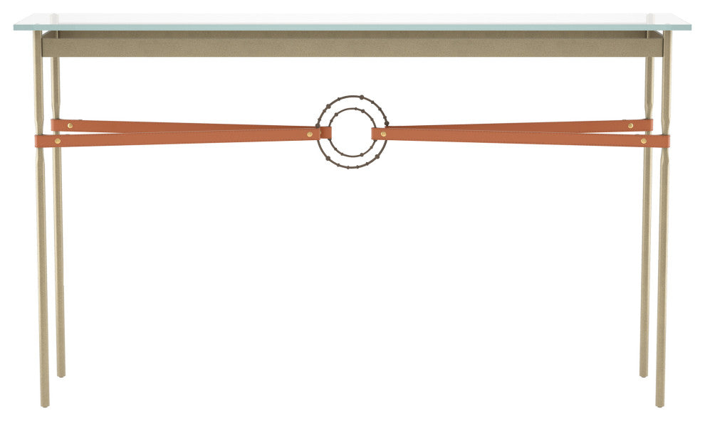 Equus Console Table, Soft Gold Finish - Bronze Accents - Chestnut Leather Strap
