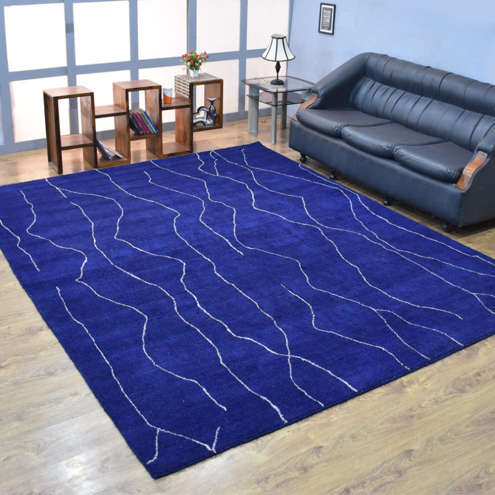 HAND KNOTTED LOOM SILK AREA RUGS-8'x10',Rectangle,Dark Blue White,Contemporary