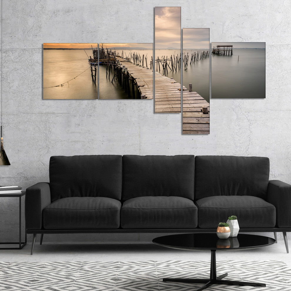 Carrasqueira Old Wooden Pier, Seashore Photo Canvas Art Print, 60"x32", 5 panels