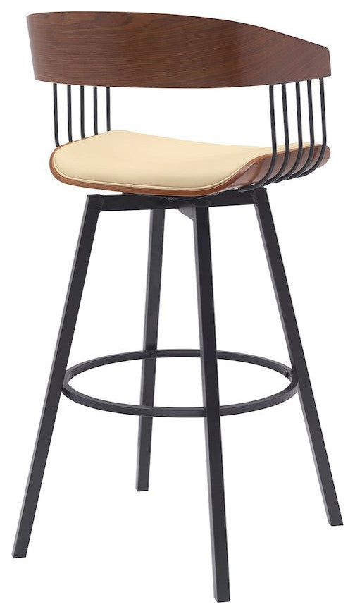 Athena Upholstered Wood Swivel Bar or Counter Stool with Black Metal